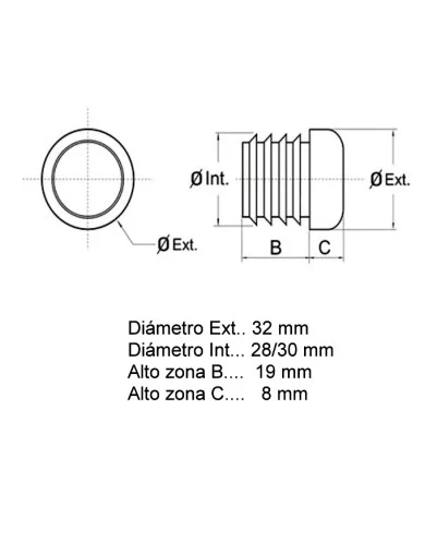 Tapón contera remate para tubo redondo de 32 mm, en color gris, Producto en Pack