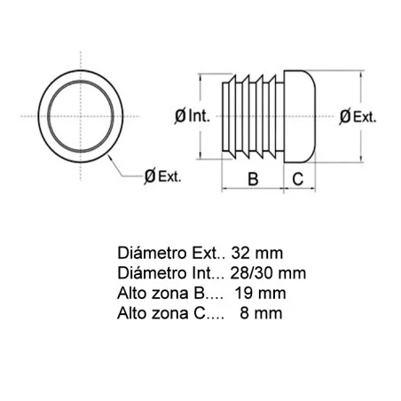 Tapón contera remate para tubo redondo de 32 mm, en color gris, Producto en Pack