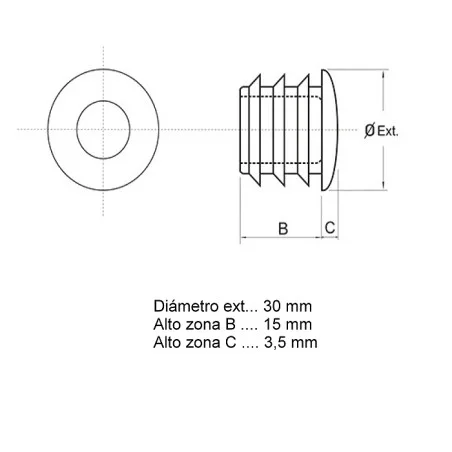 Tapa final tapón remate para tubo redondo de 30 mm, en color gris, Producto en Pack