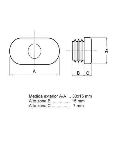 Tapón contera remate ovalada, para tubo oval de 30x15 mm, en color gris, Producto en Pack