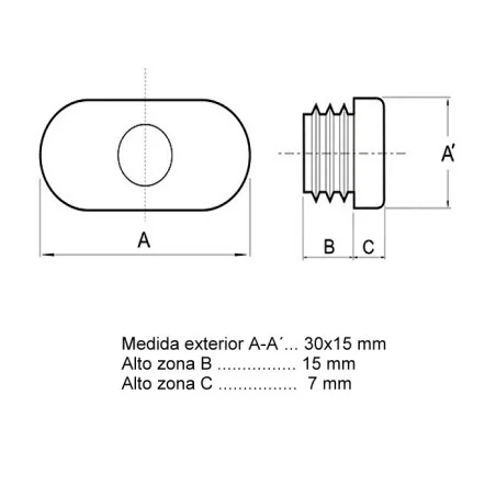 Tapón contera remate ovalada, para tubo oval de 30x15 mm, en color gris, Producto en Pack