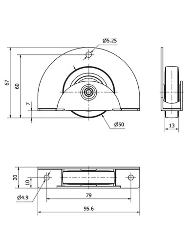 Rueda Fija SEMICIRCULAR (Pack 4 Unidades) Oculta 60kg para Cama-Nido 50 mm Goma Gris