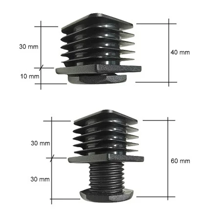 Tapón Roscado + Pie Nivelador, Contera de 45x45 mm + Tornillo Nivelador, Pack de 4 unidades.
