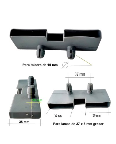 Taco soporte posición lateral en somier, para doble lama 37 mm ancho x 8 mm grosor (Taladro necesario 10 mm)