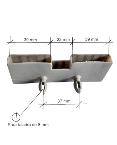 Taco soporte posición lateral en somier, para doble lama 37 mm ancho x 8 mm grosor (Taladro necesario 8 mm)