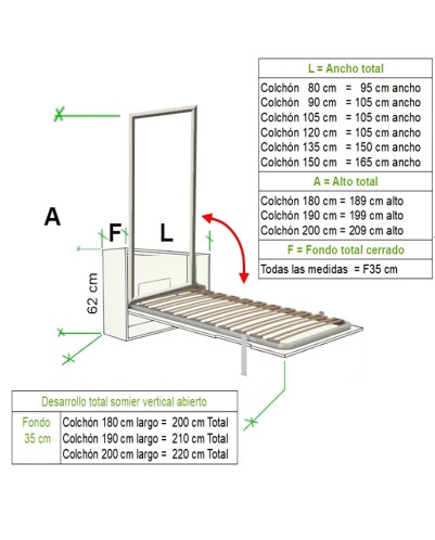 Somier cama abatible vertical, Cama abatible de pared, plegable. Modelo LIVE