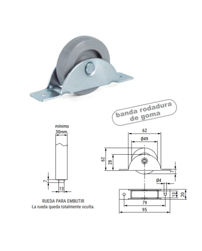 Rueda oculta nido(PACK 4 UNIDADES) de goma Ø50 soporte hierro cincado. Camas nido.