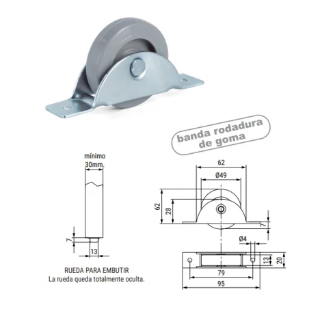 Rueda oculta nido(PACK 4 UNIDADES) de goma Ø50 soporte hierro cincado. Camas nido.