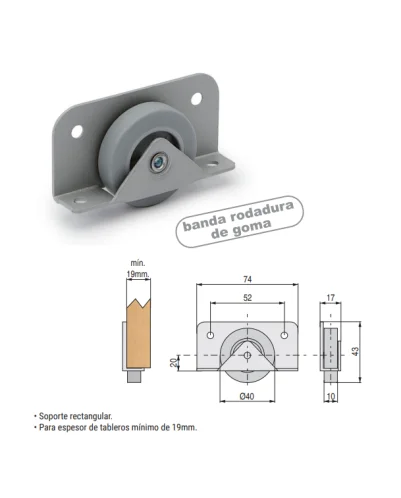 (PACK DE 4 UNIDADES) Rueda fija para camas Nido, de goma Ø40 para tablero de 19 mm, color gris.