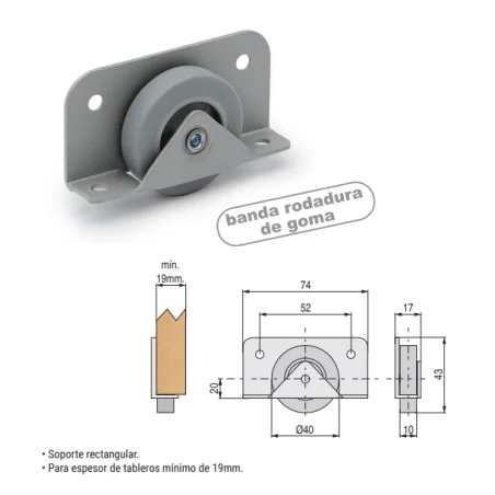 (PACK DE 4 UNIDADES) Rueda fija para camas Nido, de goma Ø40 para tablero de 19 mm, color gris.