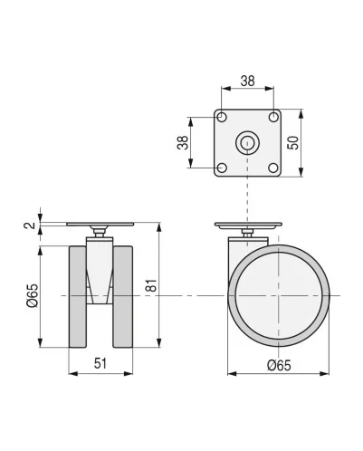 (PACK DE 4 UNIDADES ) Rueda giratoria con placa ø65 con freno, plástico acabado en blanco.
