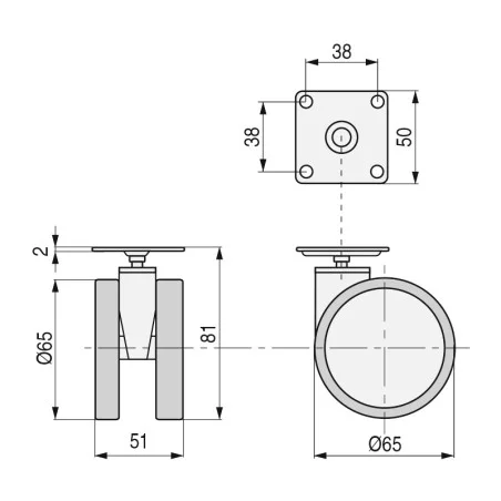 (PACK DE 4 UNIDADES ) Rueda giratoria con placa ø65 con freno, plástico acabado en blanco.